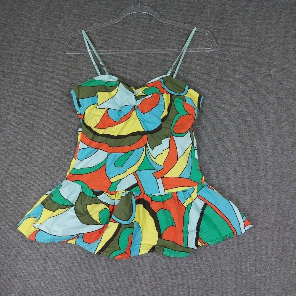 SPLIT WOMENS Y2K BRIGHT MULTICOLOR GEOMETRIC SWEETHEART NECKLINE PEPLUM TOP SZ S